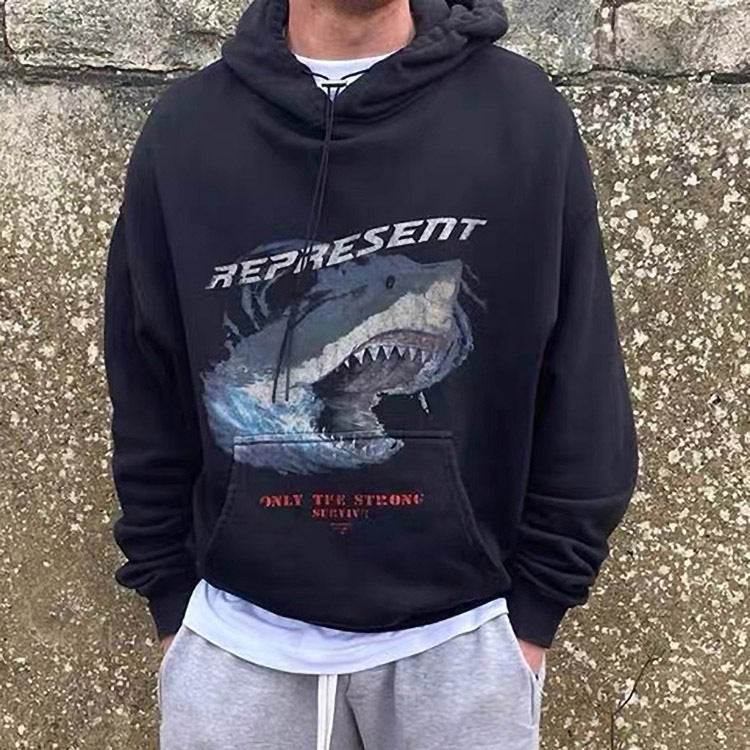 Present Letter Print Hoodie Represent Shark Destroyed Washed Distressed Hooded Sweater Vintage High Street Loose Couple Hoodie Men