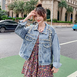 Pearl Jean Jacket Spring and Autumn Loose Short Denim Jacket for Women