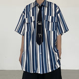 Harajuku Clothing Men's Casual Shirts Summer Retro Striped Printed Short Sleeve Shirt Male and Female Overalls Shirt