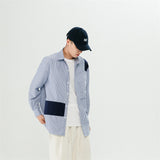 Men Shacket Long Sleeve Autumn Shirt Fashion Campus Stitching Lapel Long Sleeve Striped Couple Shirt