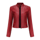 Hot Pink Motorcycle Jacket Rivet Leather Women's Short Spring and Autumn Jacket Long Sleeve Women's Coat