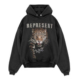 Present Letter Print Hoodie Present Leopard Animal Print Distressed Hooded Sweater Loose Hooded Pullover