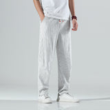 Men Casual Pants plus Size Loose Trousers Summer Men's Striped Casual Pants Loose Cotton Linen Fabric Retro Wide Leg Ankle-Tied Harem Pants