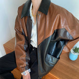 Two Tone Leather Jacket Autumn and Winter Cargo Pants Casual Contrast Color Suit Collar Stitching Leather Coat