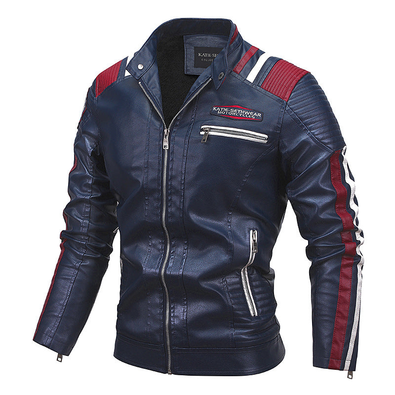 Hand Painted Leather Jackets Fleece Leather Jacket Male Stand-up Collar Thermal Youth Motorcycle Clothing