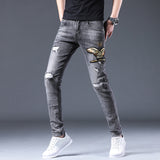 Men Distressed Jeans Man Ripped Jean Destructed Denim Pants Man Spring Summer Jeans Spring Slim-Fitting Elastic plus Size Retro Sports Trousers Trendy Jeans Men's Jeans