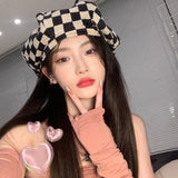 Beret Hat Chessboard Plaid Hat for Women Spring and Autumn Black and White Plaid Octagonal Painter Cap Big Head Circumference