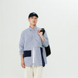 Men Shacket Long Sleeve Autumn Shirt Fashion Campus Stitching Lapel Long Sleeve Striped Couple Shirt