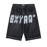 Men Jean Shorts Letter Printed Raw Edge Denim Shorts Men's Loose Street Straight Bermuda Shorts