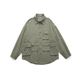 Men Shacket Long Sleeve Autumn Shirt Autumn Retro Workwear Shirt Creative Multi-Pocket Turn-down Collar Coat