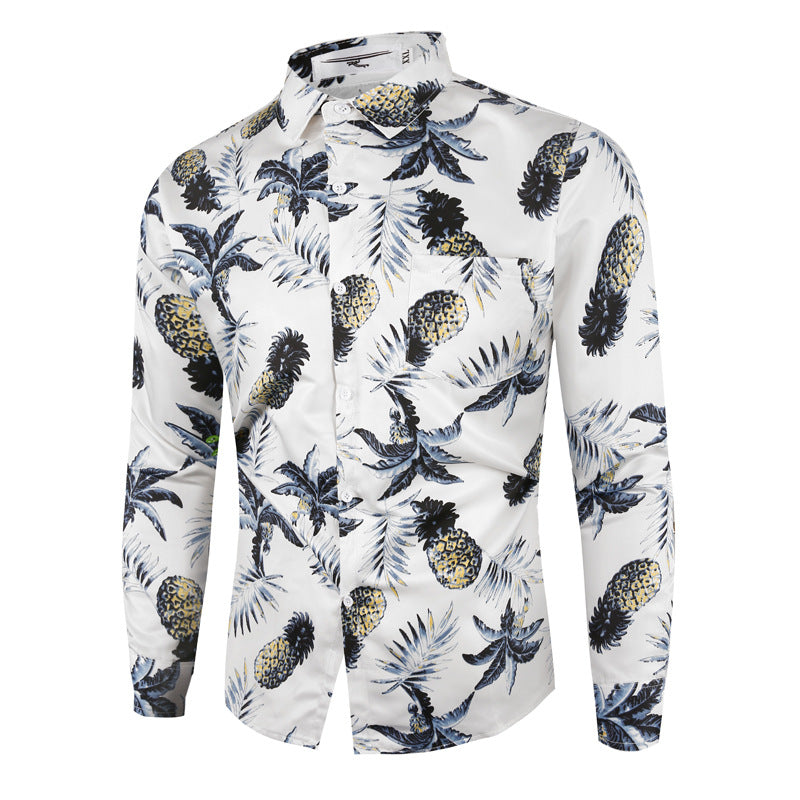 Men's Slim-Fit Pineapple Print Long Sleeve Retro Sports plus Size Fashion Casual Men Shirt