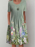 Green Fairycore Dress Summer Floral round Neck Midi Straight Dress