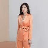 Women Pants Suit Uniform Designs Formal Style Office Lady Bussiness Attire Autumn Waist Slimming and Fashionable Long Sleeve Tied High Waist Wide Leg Pants Two-Piece Set Women