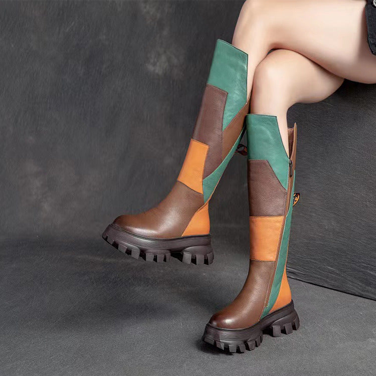 Coachella Ankle Boots Autumn Winter Retro Martin Boots Color Matching Round Head Artificial Hair Cotton Boots