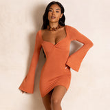 Green Fairycore Dress Fall Fashion Flared Sleeves Square Collar Sexy Low-Cut Slim Fit Sheath Dress for Women