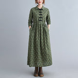 Green Fairycore Dress Autumn Retro Art Frog Button Small Floral Mid-Length Cotton and Linen Dress for Women