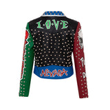 Azalea Wang Graffiti Moto Jacket Blue and Red Color Matching Leather Printed Half-Open Collar Punk Rivet Coat Short Slim-Fit Leather Coat Women