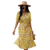 Russian Style Dress Bohemian V-neck A- line Dress Summer Leisure Vacation Style