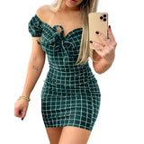 Valentine's Day Outfits Spring/Summer Lace-up Dress Plaid Printed off-Shoulder Fashion Short Skirt for Women