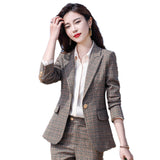 Women Pants Suit Uniform Designs Formal Style Office Lady Bussiness Attire Plaid Fall Winter Fashion Work Two-Piece Set