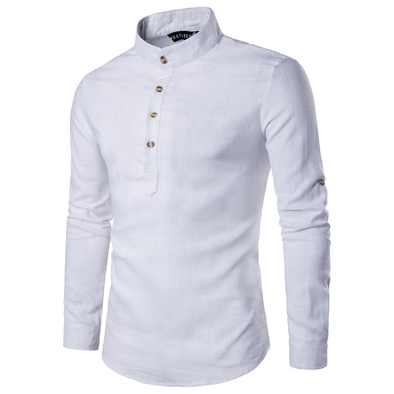 Men's Solid Color Stand Collar Long Sleeve Cotton Linen Shirt plus Size Fashion Casual Men Shirt