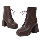 Coachella Festival Boots Spring Square Toe Laces Solid Color Waterproof Platform Thick Heel High Heel Short Boots
