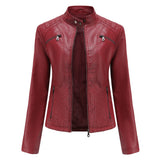 Hot Pink Motorcycle Jacket Women Casual Leather Clothing Stand-up Collar Jacket