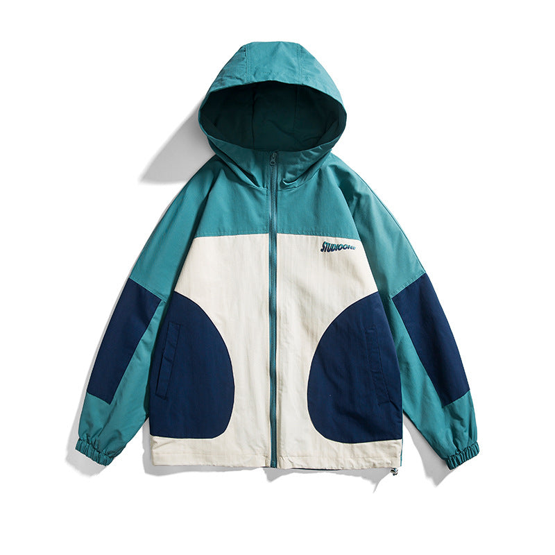 Spring plus Size Retro Sports Color Contrast Patchwork Hooded Jacket Male Student Jacket Men Jacket