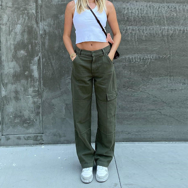 Low Rise Jeans Straight Jeans Autumn Solid Color Pockets Patchwork Cargo Pants Trousers