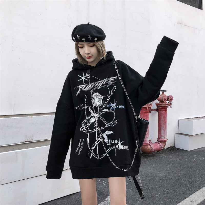 Rose Print Velvet Padded Hooded Sweatshirt Men's plus Size Loose Pullover Fleece Lined Sweatshirt Men Thermal Hoodie