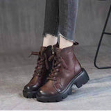 Coachella Cowboy Boots Vintage Low-Cut Lace Up Chunky Heel Autumn and Winter Leather Ankle Boots