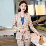 Women Pants Suit Uniform Designs Formal Style Office Lady Bussiness Attire Autumn Long Sleeve Fashion Slim Plaid Suit