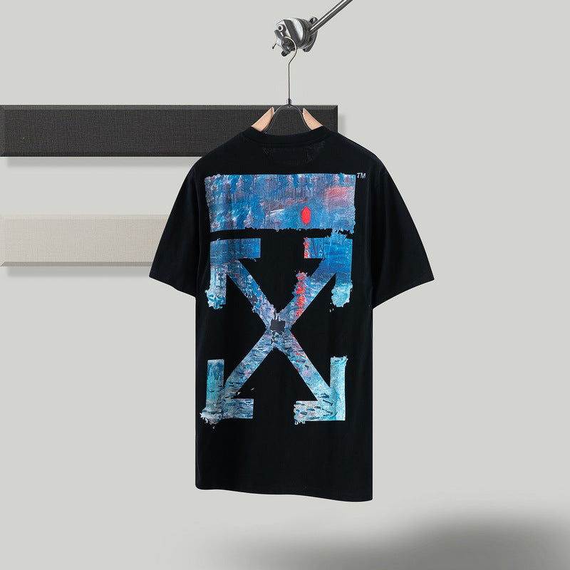 Ow Men'S And Women'S Short Sleeve Tshirt Cotton Back Arrow Round Neck Loose Owt