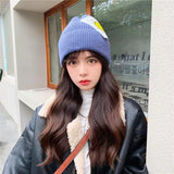 Women Beanies Smiling Face Big Patch Hat Beanie Hat Skullcap Female Autumn and Winter Thermal Knitting Woolen Cap