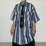 Harajuku Clothing Men's Casual Shirts Summer Retro Striped Printed Short Sleeve Shirt Male and Female Overalls Shirt