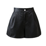 Leather Shorts Autumn and Winter Elastic Waist PU Leather Pants High Waist A- line Wide Leg Pants Casual Pants