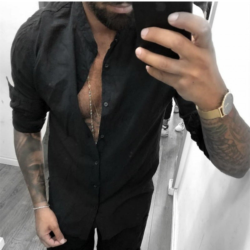 Men's Solid Color Stand Collar Cotton and Linen plus Size Retro Sports Fashion Casual Long Sleeve Men Shirt