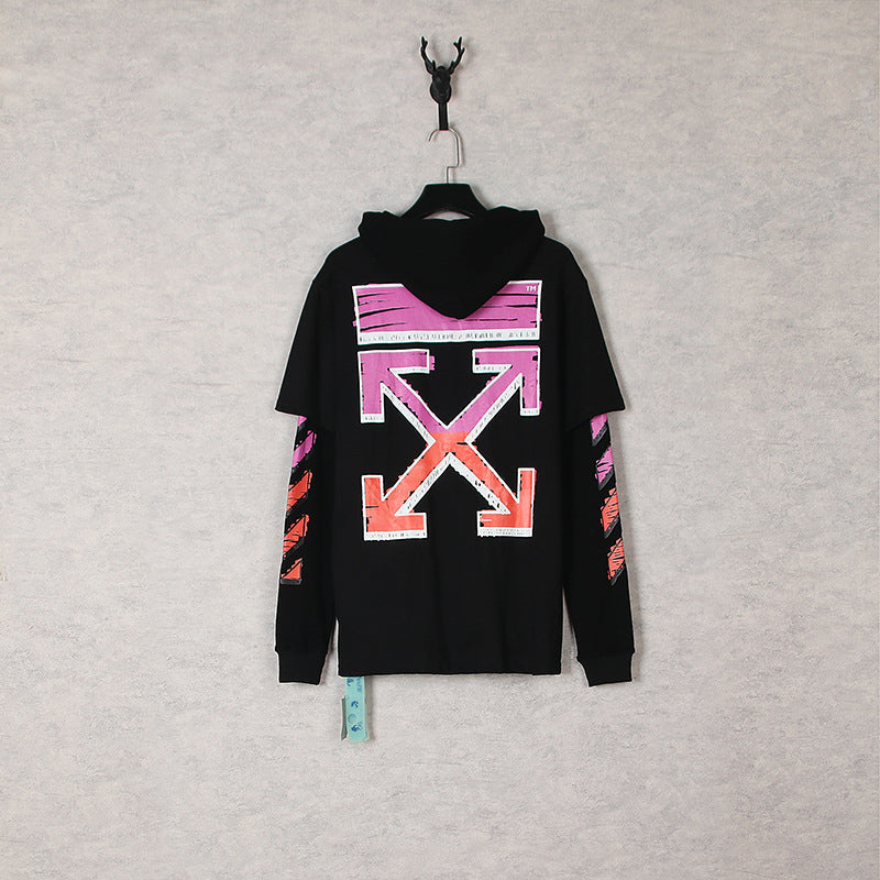 Autumn And Winter Pink Gradient Arrow Hooded Fake Two Pieces Sweater For Men And Women