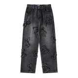 Men Fall Outfits Hip Hop High Street Distressed Letters Washed Denim Trousers