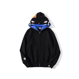 A Ape Print Jacket Autumn and Winter Solid Color Blue Pink Double Hood Sweater Men and Women Zipper Fleece Padded Coat