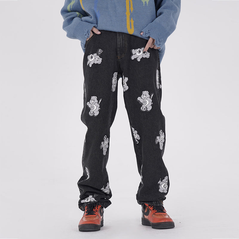 Printed Jeans plus Size Retro Sports Trousers Men Straight-Leg Pants Casual Trousers Men Jeans