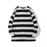 Mens Fall Outfits Street Retro Striped Round-Neck Shirt Long Sleeve T-shirt Loose Couple Inner Bottoming Shirt