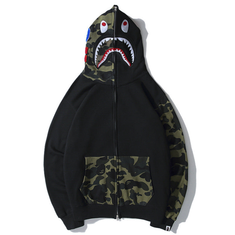 A Bath Ape Shark Embroidery Camouflage Stitching Sleeves Patchwork Pocket Zipper Velvet Sweater Coat Men