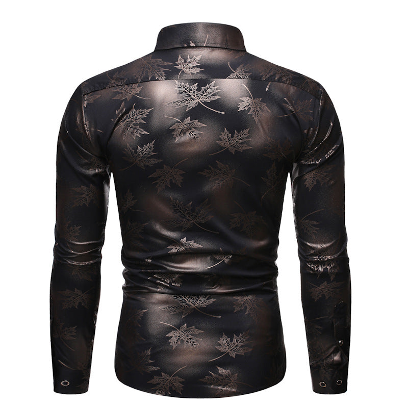 Men's Casual plus Size Men's Fashion Shirt Maple Leaf Pattern Bronzing Printed Long Sleeve Shirt Men Shirt