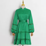 Green Fairycore Dress A- line Dress Autumn Small Stand Collar Single-Breasted Hollow out Stitching Lantern Sleeve Dress