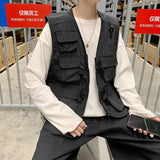 Men Utility Vest Work Zipper Tactical Work Vest Slim Pocket Jacket Tactical Vest Hip-Hop Fashion Vest Coat