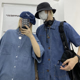 Harajuku Clothing Men's Casual Shirts Summer Workwear Denim Short-Sleeved Shirt for Men