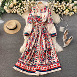 Russian Style Dress Women's Autumn and Winter Stand-up Collar Slim Fit Long Retro Printed Dress