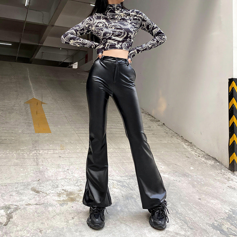Faux Leather Pants Basic Style Leather Pants High Waist Tight Casual Bootcut Trousers Women