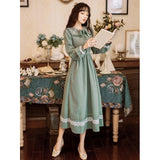 Green Fairycore Dress Autumn and Winter Artistic Retro Style Embroidered Mid-Length Long Sleeve Large Skirt